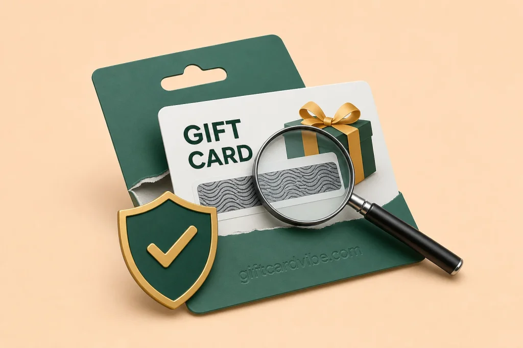 Unsealed physical gift card being inspected for code exposure and receipt proof