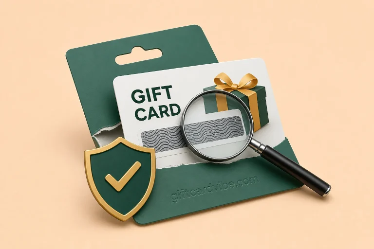Unsealed physical gift card being inspected for code exposure and receipt proof
