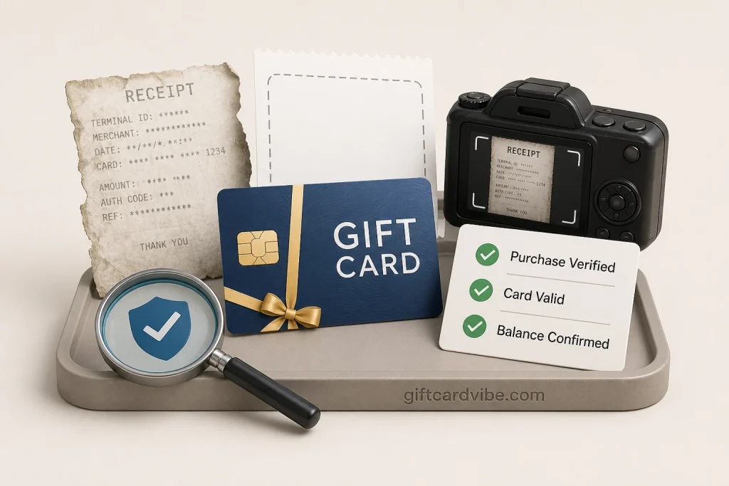 Gift card seller organising a damaged receipt and alternative proof of purchase