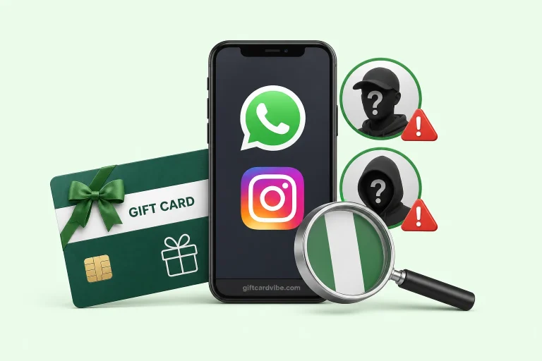 Illustration of a Nigerian seller checking a suspicious social media gift card buyer