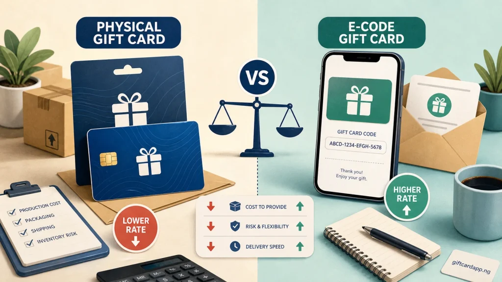 Physical vs E-Code Gift Cards: Why the Rate Is Different - GiftCardVibe featured image