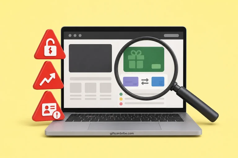 Browser security inspection showing red flags on a fake gift card trading website
