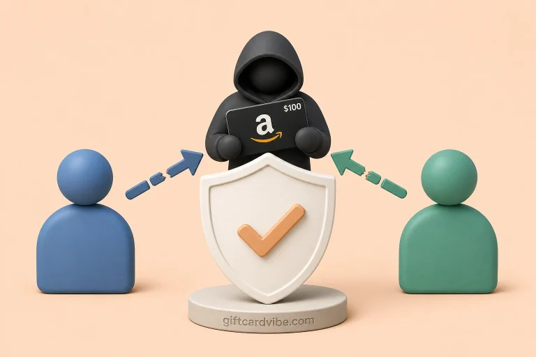 Diagram-style illustration of a middleman separating a gift card seller and buyer