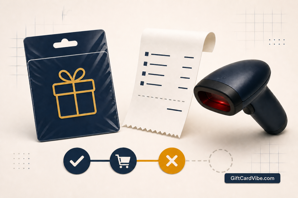 Receipt and sealed gift card beside an activation status checklist