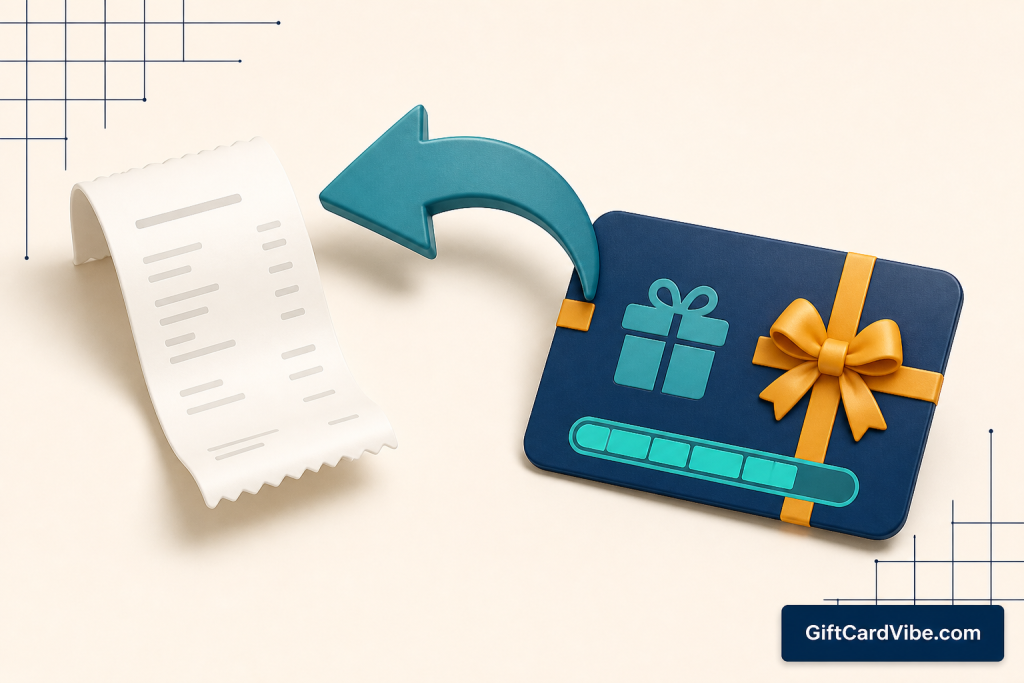 Refund arrow returning from a shopping receipt to a gift card balance