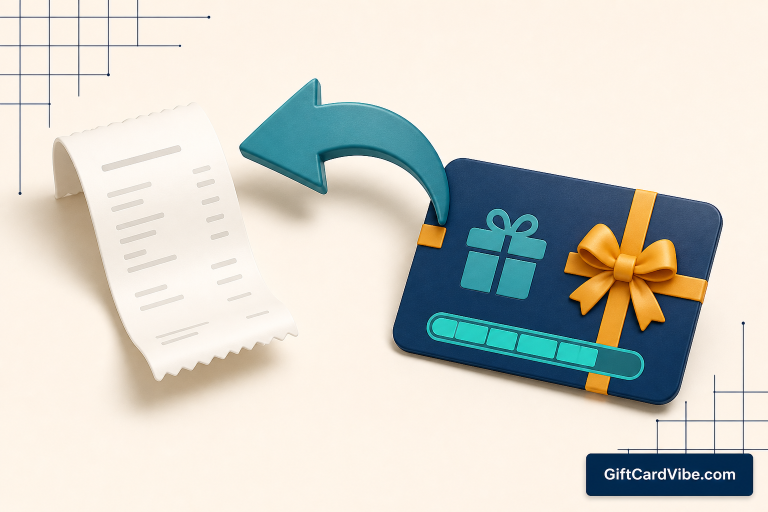 Refund arrow returning from a shopping receipt to a gift card balance