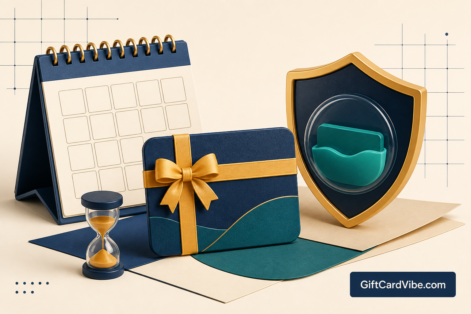 Calendar, gift card and magnifying glass highlighting expiry terms