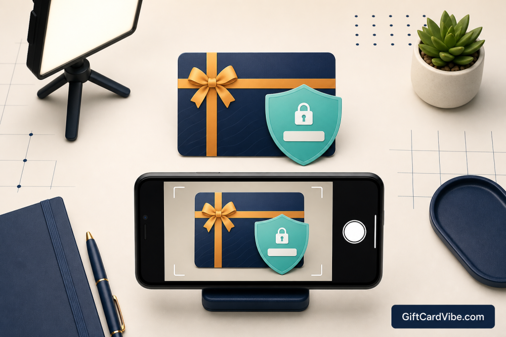 Phone camera framing a gift card with clear photo quality indicators