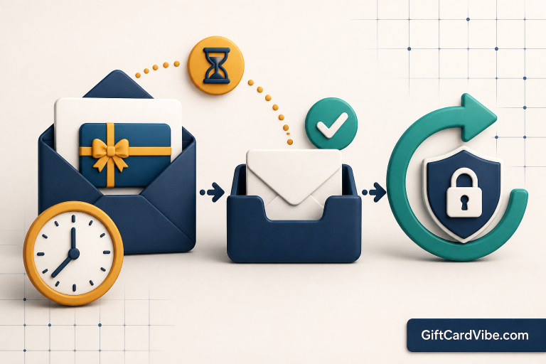 Email inbox with a delayed digital gift card and delivery checklist