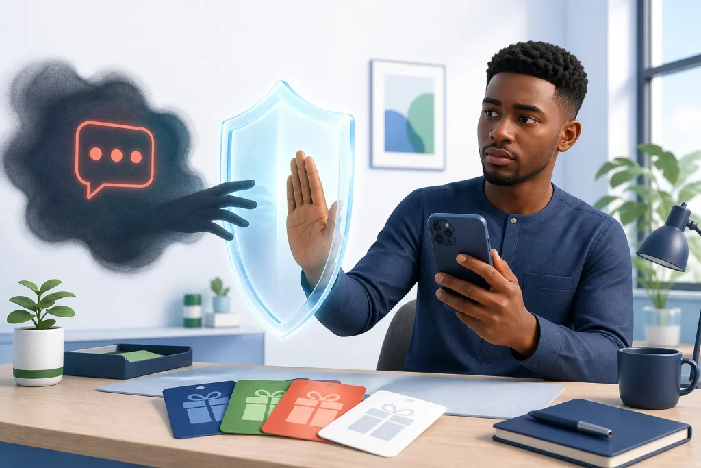 Nigerian gift card holder stopping a suspicious code request with a digital safety shield