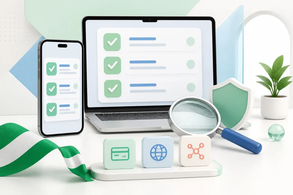 Laptop and phone with verification checklists beside a shield and magnifying glass