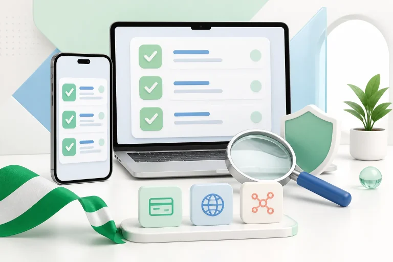Laptop and phone with verification checklists beside a shield and magnifying glass
